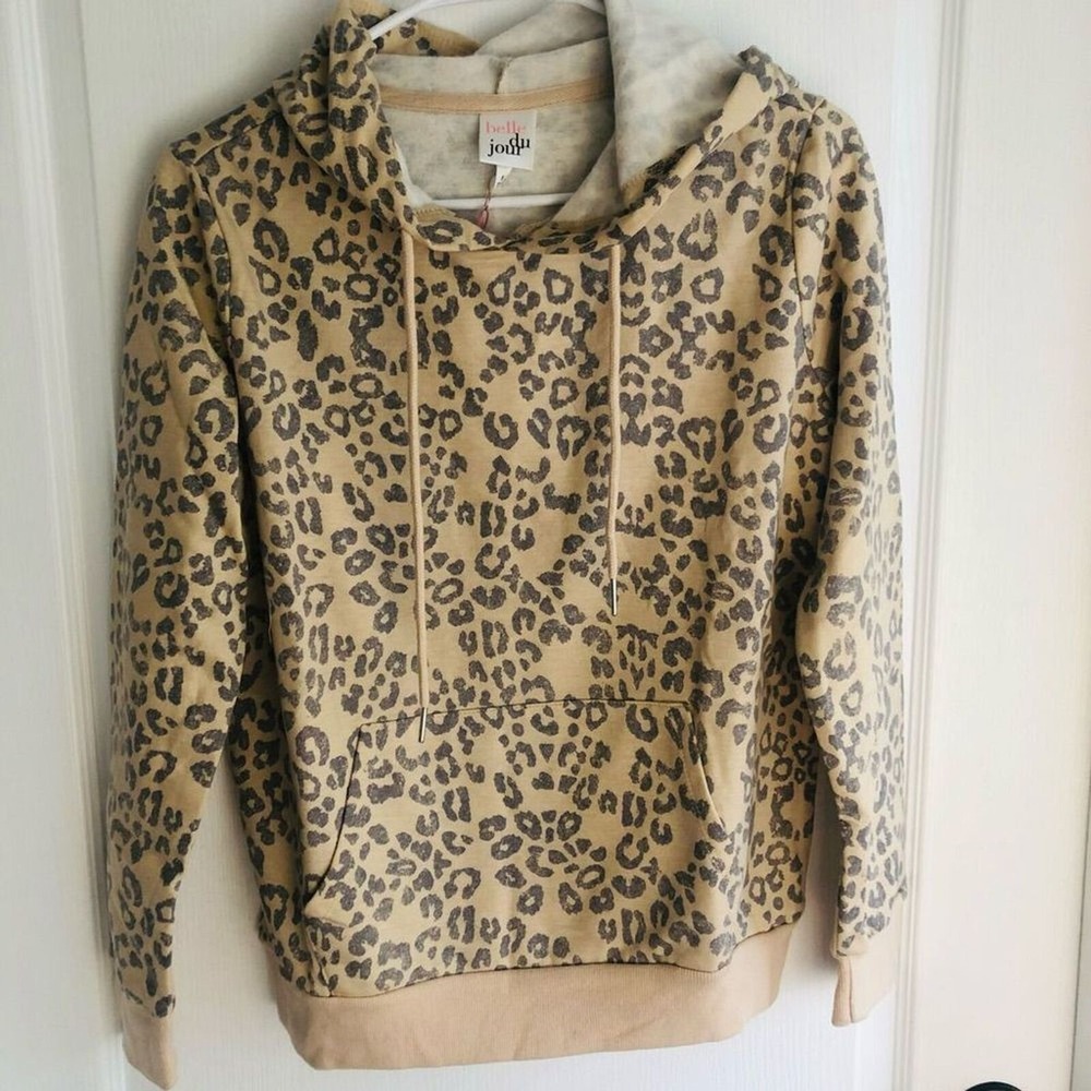 Belle Du Jour Womens Leopard Print Pullover Hoodie Tan Brown Fleece Lined‎ S